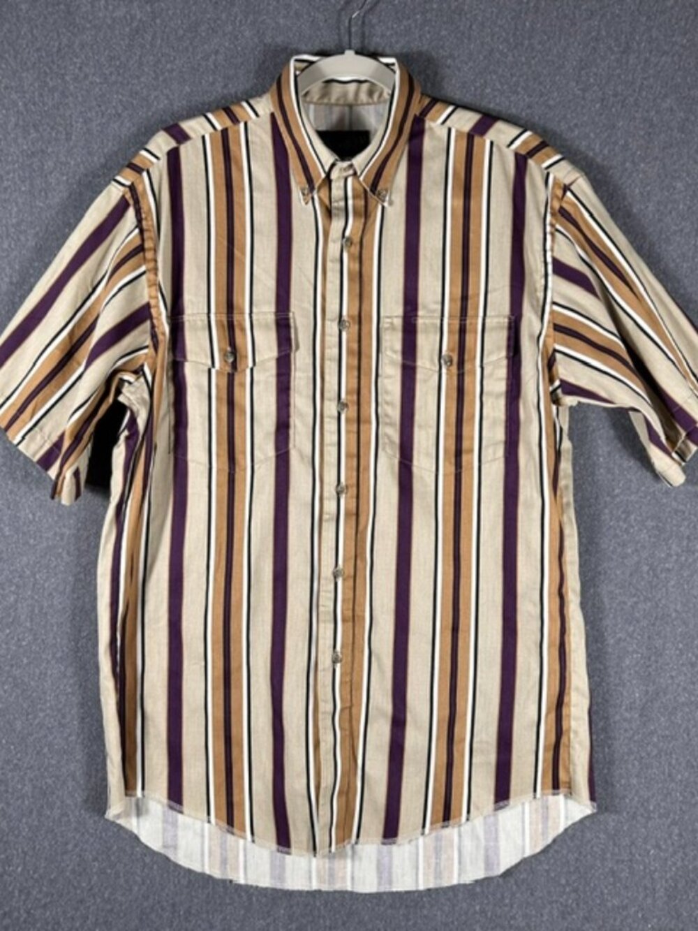 Wrangler Western Button Down Shirt Mens Sz 15.5 Med Tan & Purple Stripes S/S Vtg